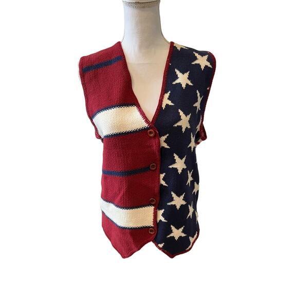 Vintage Express Tricot Patriotic Knit Vest Stars Stripes L - Picture 1 of 6
